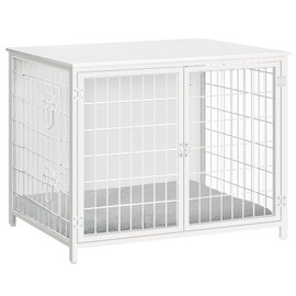 MAHANCRIS Dog Crate Furniture with Cushion, Wooden Dog Kennel with Double Doors, Heavy Duty Dog Cage for Small/Medium/Large Dogs, Indoor Dog House End Table, 31.5" L, White DCBW0701