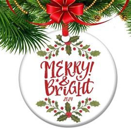Christmas Merry & Bright Ornament - 2023 Christmas Ornaments - Christmas Keepsake, Round Ceramic Tree Decoration