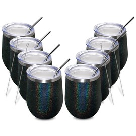 MEWAY 12oz/8 Pack Wine Tumbler Glasses with Lid - Stemless Double Wall Vacuum Stainless Steel Glitter Tumbler - Keeping Cold & Hot Cup for Coffee,Gift for Women(Rainbow Black,Set of 8)