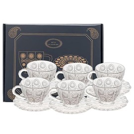 FYUEROPA Glass Coffee Cup Set with Saucer Tempered Glass, for Latte, Espresso, Cappuccino, 7Oz, Set of 6, Gift Box