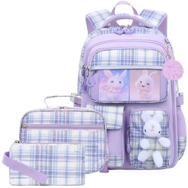 KBGPW 3pcs Girls Backpack With Lunch Box & Pencil Case,Cute Rabbit Kids School Backpack Set For Kindergarten & Elementary School (Style B Purple-16.5in)