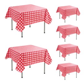 Enjoyidea Vinyl Tablecloth with Flannel Backing-6 Pack Red and White 54x54 Inch Outdoor Waterproof Gingham Checkered Plaid Plastic Square Table Cloth-Wipeable Oilcloth for Picnic Party Camping