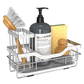 Vanwood Kitchen Sink Caddy Organizer Sponge Holder for Kitchen Sink, Rustproof Dish Soap Sponge Caddy for Counter with Detachable Brush Holder & Drain Tray - Storage Home & Cocina Accesorios, SILVER