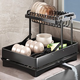 Dish Drying Rack for Kitchen Counter, 304 Stainless Steel 2 Tier Dish Rack w Drainboard, Utensil Holder, 360° Rotatable & Expandable Drainer, Space-Saving Foldable Dish Drainer Rack for Kitchenware