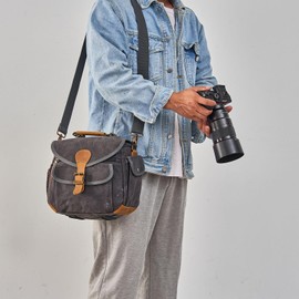 AGDHERSNVX Waxed Canvas Camera Bag DSLR/SLR/Mirrorless Sling Waterproof Purse with Tripod Holder Anti-shock Crossbody Case Compatible for Nikon Canon Sony DarkGray