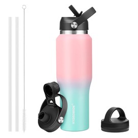 HYDROWION 32oz Water Bottle, Double Wall Vacuum Stainless Steel Insulated Water Flask with Straw Lid, Spout Lid and Flex Cap(Cold for 48 Hrs, Hot for 24 Hrs), Leakproof Travel Thermo Mug, Pink&Blue