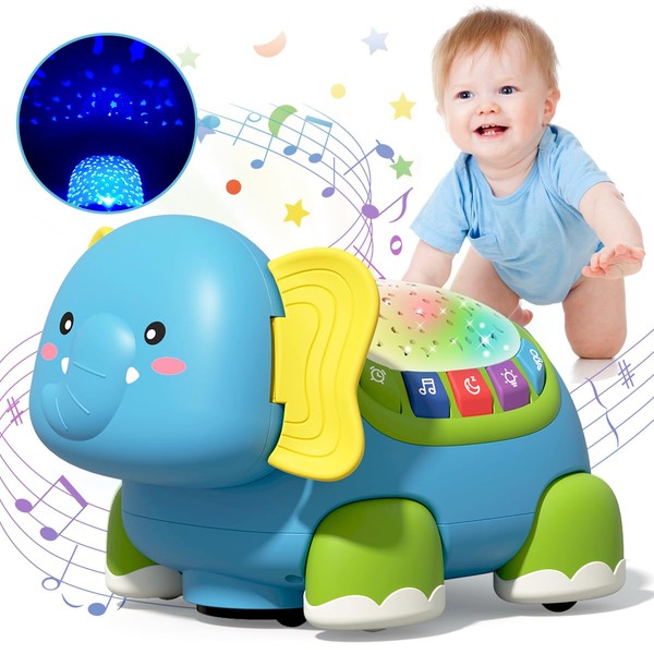 KaeKid Crawling Toys Elephant Baby for 1 Year Old Boys Girls Sensory Toys for Babies 6 9 12+ Month with Light & Music& Projection Automatic Obstacle Avoidance Function for 1st Birthday Gifts for Girls