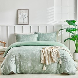 Tokokimo Double Duvet Cover Set 4 Piece Sage Green Bedding Set with Fitted Sheet - Floral Pattern Soft Microfiber Double Duvet Set (1x Duvet Cover, 2x Pillowcases, 1x 40cm Deep Fitted Sheet)