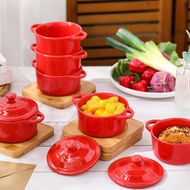 Mimorou 6 Set 7 oz Ceramic Mini Cocotte Set with Lid and Wooden Base Pumpkin Bowl Set with Handle Ceramic Soup Bowls Baking Ramekins Round Casserole for Home Thanksgiving Pumpkin Dish (Red)