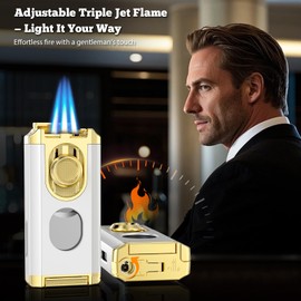 5-in-1 Torch Lighter with Triple Jet Flame, Straight Tool, Holder, Punch, Draw Enhancer Tool, Windproof Lighters, Refillable Butane Torch Lighters with Gift Box, Torch Lighters for Men, Candle