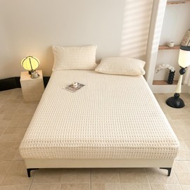 Waffle Weave Twin XL Fitted Sheet Deep Pocket 15" - Ultra Soft Textured Bed Sheet with Elastic All Around - Breathable Hotel Quality Bedding, Ivory White