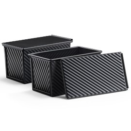 2 Pack Pullman Bread Loaf Pan with Lid, 1 Pound Dough Nonstick Loaf Baking Pans, Metal Bakeware for Sourdough Sandwich Homemade Bread, Carbon Steel Corrugated Toast Tin, Black