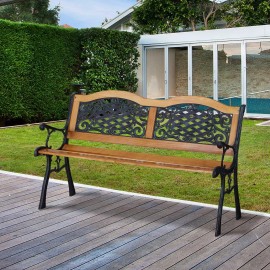 Outdoor Wood Patio Bench With Metal Frame Tilted Backrest Traditional Design For Garden And Porch 2 Person Seatcolor: Teak Color