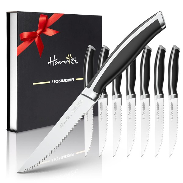 harriet Steak Knives Set of 8, 4.5" Steak Knives, Full Tang Premium Stainless Steel Serrated Steak Knives Set with Gift Box, Dinner Knives, Stripe Black Handle