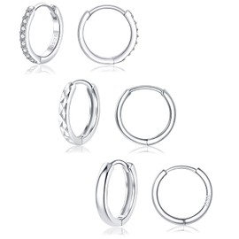 Cangall Silver Hoops Earrings for Women, 3 Pairs 925 Sterling Silver Hoop Earrings Set with Cubic Zircon, 12mm Small Unisex Huggie Sleeper Cartilage Hypoallergenic Silver Hoop Earrings for Women