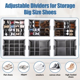 HOUSE AGAIN Shoe Organizer for Closet, Shoe Storage Boxes with 360° Wheels, Sturdy Metal Frame Fits up to 16 Pairs, Boots&Shoes Cubby Storage Containers with Adjustable Dividers and Clear Cover