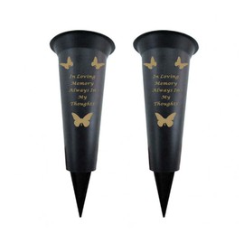 Memorial Grave Vases Ornaments Black Plastic Flower Holders - Butterfly Spike Grave Flower Vases with Funeral Verses for Your Loved Ones - Pack of 2 (Always in my thoughts - Pack of 2)