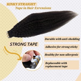 16Inch Black Tape in Hair Extensions Human Hair Kinky Straight Tape ins for Black Women 20 Pcs 50G/Set Per Pack PU Skin Weft #1B Natural Black 100% Remy Human Hair Kinky Straight Tape in Hair