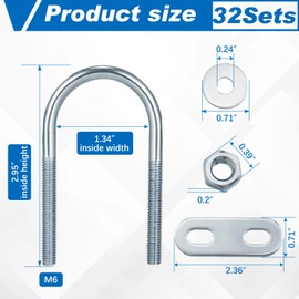 Therwen 32 Sets Round U Bolts Zinc Plated Steel Round Bend U Clamp with Nut Plate Washer (M6 x 34 mm X 75mm)