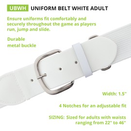 Champion Sports Baseball/Softball Uniform Belt - Comfort Nylon Stretch Fit Uniform Belt - Durable Leather Tab - Adult "22-46 Inches" - White