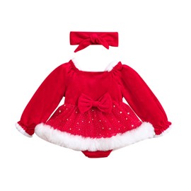Loalirando Infant Baby Girls Christmas Outfits Long Sleeve Belted Dress Romper Jumpsuit+ Headband Xmas Outfit Fall Winter Christmas Clothes (Red 3, 0-6 Months)