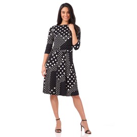 REKUCCI Women's Flippy Fit N' Flare Dress with 3/4 Sleeves (8, Black/White Mixed Dots)