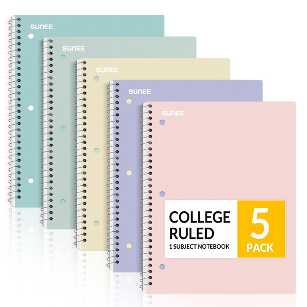 SUNEE Spiral Notebooks, 1-Subject, 5 Pack, College Ruled Paper, 8"