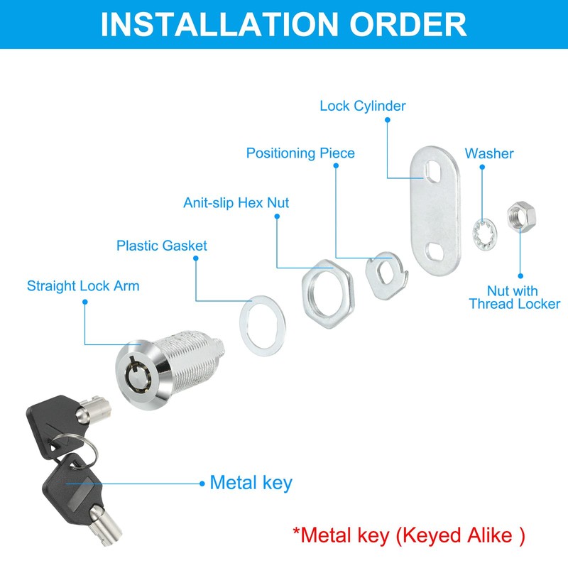 PATIKIL キャビネットカムロック キー付き 4個1-1/6"(30mm) キーが同じカムロックシリンダー 亜鉛合金 クロム 引き出しロック チューブ ラーカム