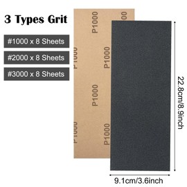 24 Sheet Wet and Dry Sandpaper, 1000 to 3000 Multi Grit Sand Paper, Waterproof Emery Paper, 3 Types Sanding Sheets, Abrasive Sanding Paper for Wood, Furniture, Metal, Automotive Polishing 9 x 3.6 Inch