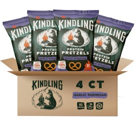 Kindling Protein Pretzels - Garlic Parmesan | Protein-Packed Snack | Kosher | 8 - 9g Protein Per Serving | Only 1-2g of Total Sugar | No Artificial Flavors, Soy-Free | Kid’s Snacks & Lunches, Office Snacks, & On-the-Go | 4-Pack (6.5oz Bags)