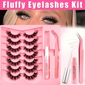 7 Pairs of 3D False Eyelashes, Cat's Eye with Glue and Tweezer Kit, Fluffy Volume Curly Cat-Eye Artificial Eyelashes, Natural Look, Reusable Faux Mink Makeup Eyelashes Set (XK05-Kit)