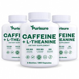 Purisure Caffeine Theanine Capsules Pills 100mg Caffeine + 200mg L Theanine for Pre Workout Energy, and Clarity Energy Pills for Fatigue, Nootropic Supplement, 120 Day Supply, Pack of 3