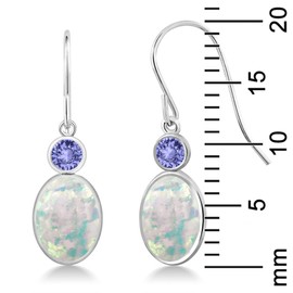 Gem Stone King 14K White Gold White Simulated Opal and Blue Tanzanite Hook French Fish Ear Wire Dangle Earrings For Women (2.34 Cttw, Gemstone October Birthstone, Oval Cabochon 8X6MM, Round 3MM)