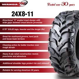 WANDA ATV Tire 24X8-11 24X8X11 6-Ply Solid Mud 20mm Tread, Set 2 …