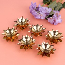 SATVIK 6 Pc Set of Brass Copper Lotus Flower Petals Kamal Shape Metal Akand Diya for Traditional Indian Festive Diwali Deepawali Puja Pooja Dia Home Temple Decoration Oil Lamp Gift Item