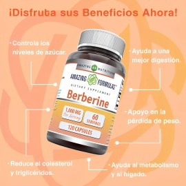 Amazing Nutrition Amazing Formulas Berberina 1000mg 120 Cápsulas Suplemento Control De Azúcar En La Sangre Apoyo Cardiovascular Mejora La Salud Intestinal y Antioxidante Natural