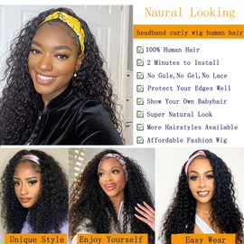 Semicaopㅤ Headband Wig Human Hair Curly Wigs for Black Women 14 inch Wigs Human Hair Glueless Wear and Go None Lace Front Wig Headband Wigs Machine Made 150% Density Natural Color