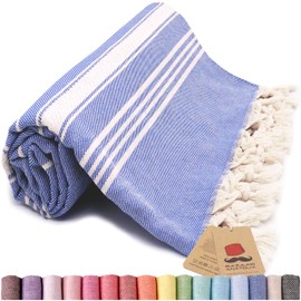 Bazaar Anatolia Turkish Beach Towel 100% Cotton Bath Towels Oversized Quick Dry Boho Farmhouse Decor Sheets Bathroom Towels Sand Free Camping Blanket Royal Navy 71x39 inches - Stripe Dark Blue