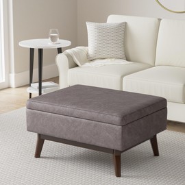 SIMPLIHOME Owen Coffee Table Storage Ottoman - 34 inch Wide Upholstered Vegan Leather Rectangular Lift-Top Ottoman in Distressed Grey Taupe, Mid-Century Modern Bench for Living Room with Tapered Legs