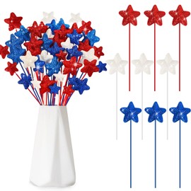 JUNEBRUSHS 4th of July Decorations, 108 Pcs Glitter Puffy Star Picks Foam Star Stems Red White and Blue Artificial Stem Flowers for Patriotic Wreath Table Centerpieces Decoration
