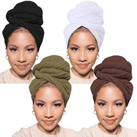 PWEOUKE 4 Pcs Head Wraps for Women Solid Color Soft African Head Scarf for Hair Jersey Turban Long Breathable Head Band Tie for Woman