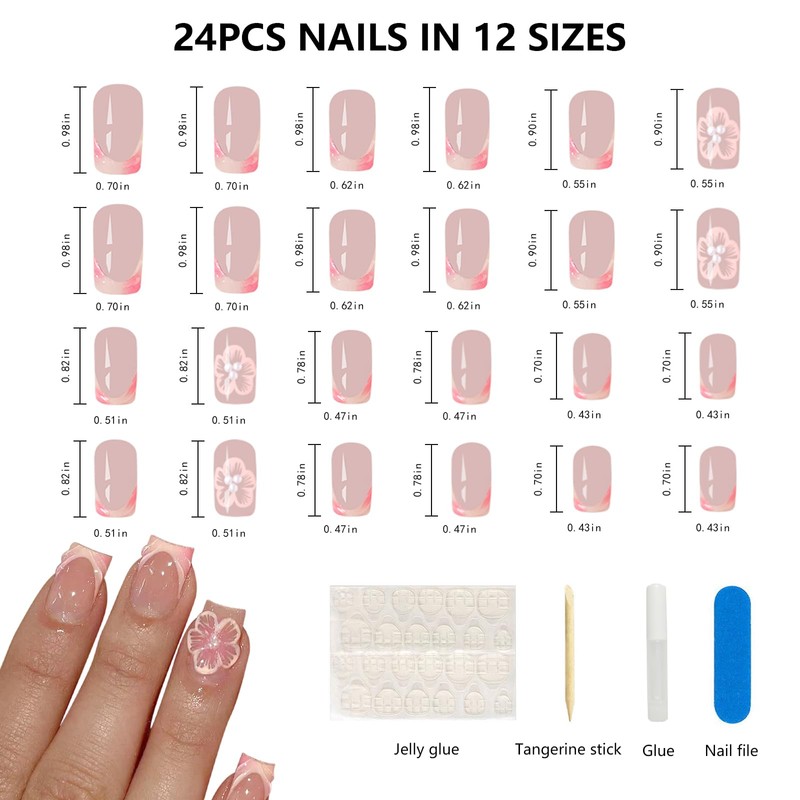 24pcs Short Square False Acrylic Press On Nails Reusable 3D