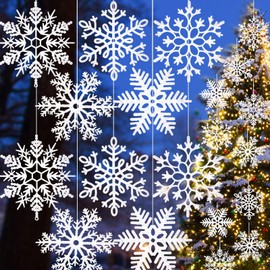 10PCS Extra Large Outdoor Snowflake Decorations Christmas Hanging Decoration Big Snowflake Ornaments 12'' Sparkling Christmas Glitter Snowflake 5 Styles Xmas Holiday Tree Decor Plastic Snowflakes
