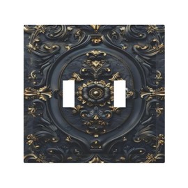 Retro Blue Gold 2 Gang Wall Switch Plate Floral Luxury Plant Flowers Baroque Style Decortive Light Switch Cover Wall Plate Cover for Bedroom Kitchen Home Decor
