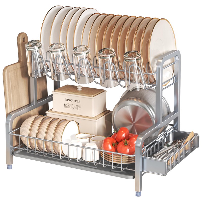 BOOSINY 2 Tier Dish Drying Rack and Drainboard Set, Large