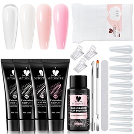 SUTOZMIWE Poly Gel Nail Kit, Clear White Nude Pink Nail Extension Gels with Slip Solution, Dual Nails Forms for Builder Gel, Nail Starter Kit, Home DIY Manicure Set