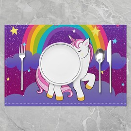 Girls' Unicorn Placemats, 30 x 45 cm, Kawaii Cute Unicorn Print, Wipe Clean Placemats for Children, Boys, Cartoon, Horse, Scratch-Resistant, Set of 4 Placemats, Galaxy Stars, Magic Unicorn Placemats for Kitchen, Purple