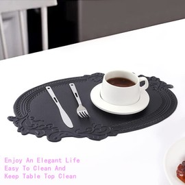 XINYUN Oval Placemats Indoor Set of 6 Wipeable Black Faux Leather Place Mat Reversible Waterproof Table Mats Patio Placemats Heat Resistant Anti Oil Washable Decorate for Dining Table