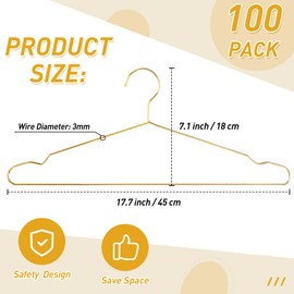 Wesiti 100 Pcs Stainless Steel Metal Hangers Wire Hangers for Clothes Strong Ultra Thin Space Saving Wire 17.7" Clothes Space for Coat Suit Bridal Boutique Dress Closet Dorm Clothing Rack(Gold)