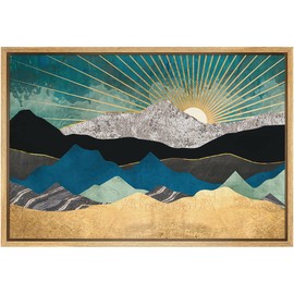 SIGNFORD Framed Canvas Print Wall Art Teal Gold Mountain Range Sunshine Nature Wilderness Illustrations Modern Art Rustic Zen Landscape Colorful for Living Room, Bedroom, Office - 24"x36" Natural